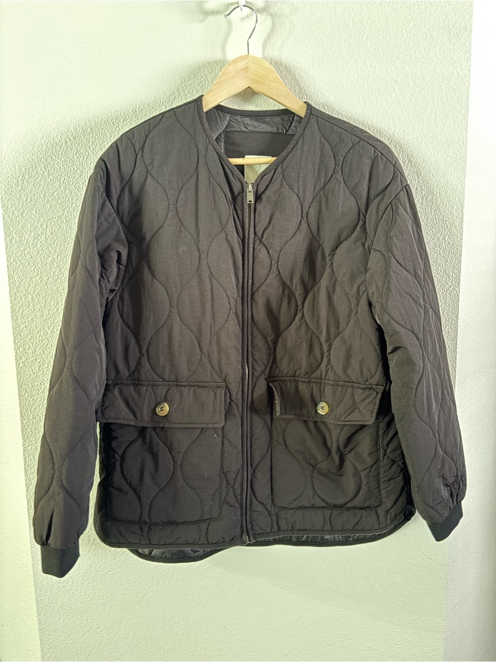 Quilted Black Collarless Zip Puffer Coastal Grandma Jacket M Joie